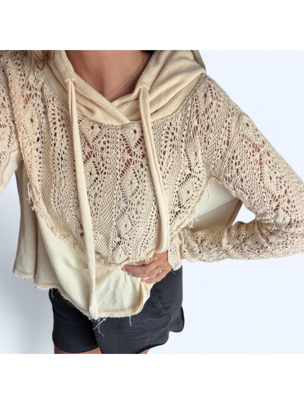 Free People cream crochet hoodie with lace style detailing